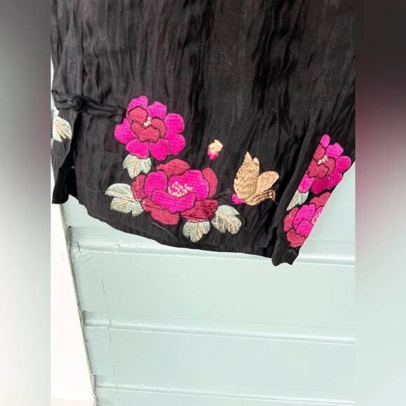 Citron black crinkly pants floral embroidered hem linen blend wide leg artsy M - Picture 2 of 10